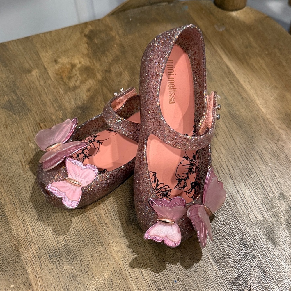 Mini Melissa Girls' Pink Glitter Butterfly Mary Janes